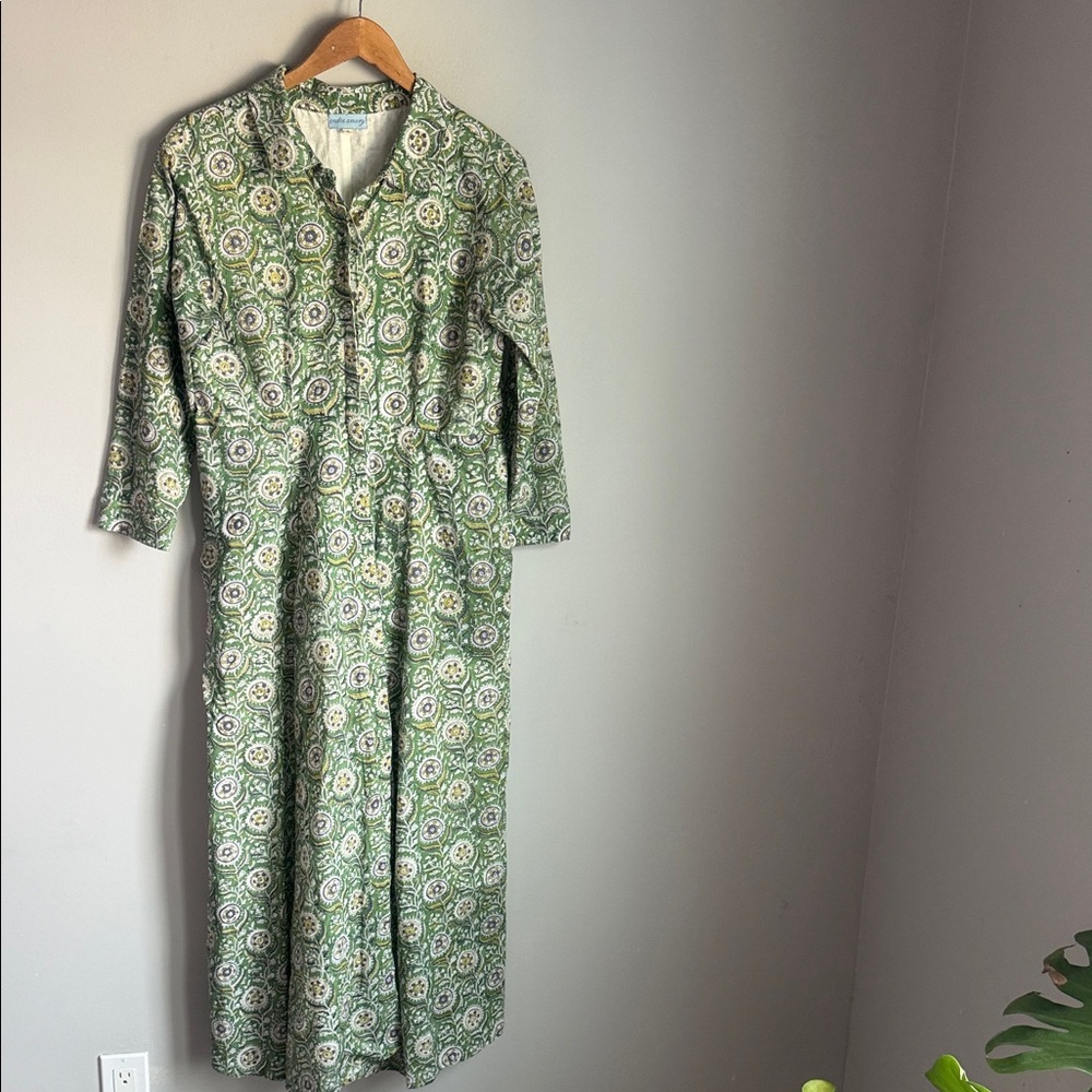 Green Printed Midi Dress with Button Front